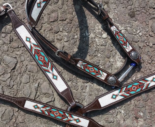 Showman ® Dark chocolate Argentina cow leather headstall with beaded inlays.